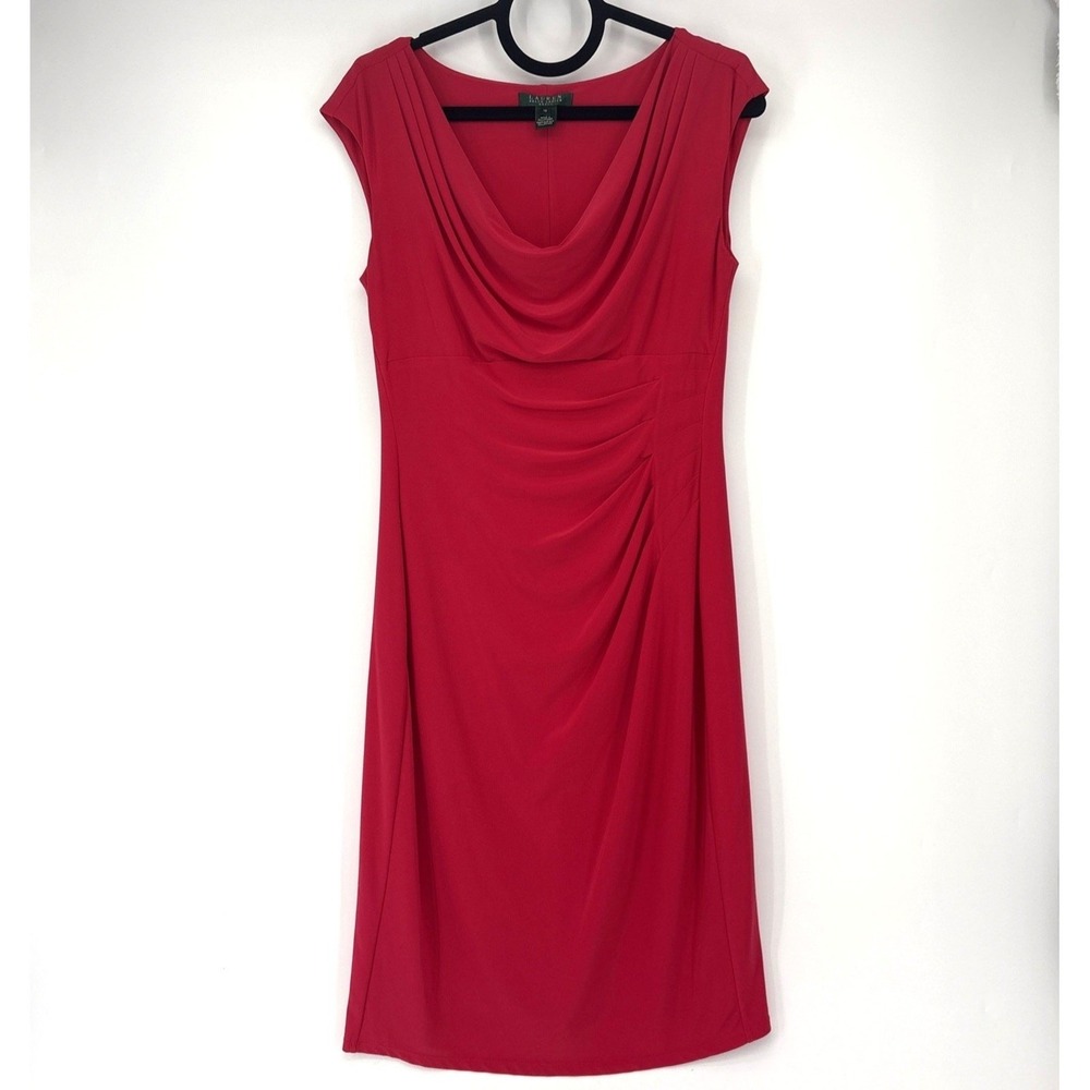 Lauren Ralph Lauren Dress Woman 10 Red Draped Neckline Bodycon Slinky Party